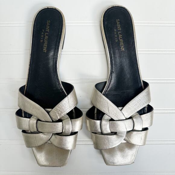 Saint Laurent Tribute Silver Metallic Leather Flat Sandals Slip-On Slides 40.5 - Picture 1 of 8